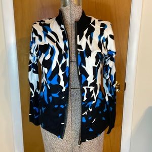 Marble Womens Medium Black/White/Blue Geometric Pattern Zippered Cardigan